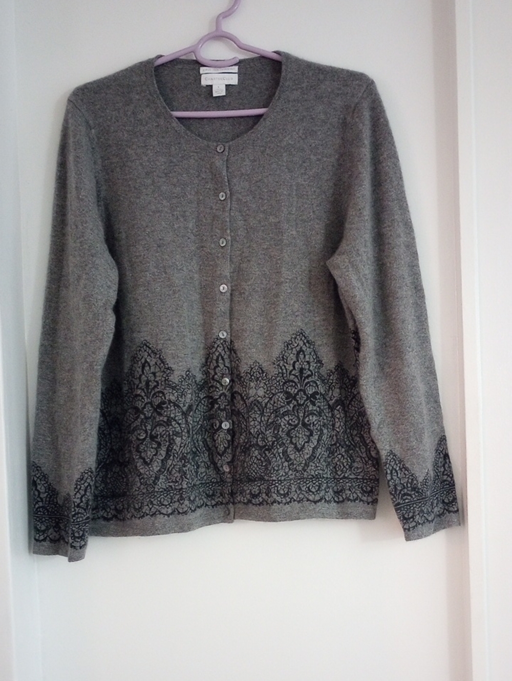 Charter Club 100% Cashmere Gray Cardigan with Black Floral Print Border Size L